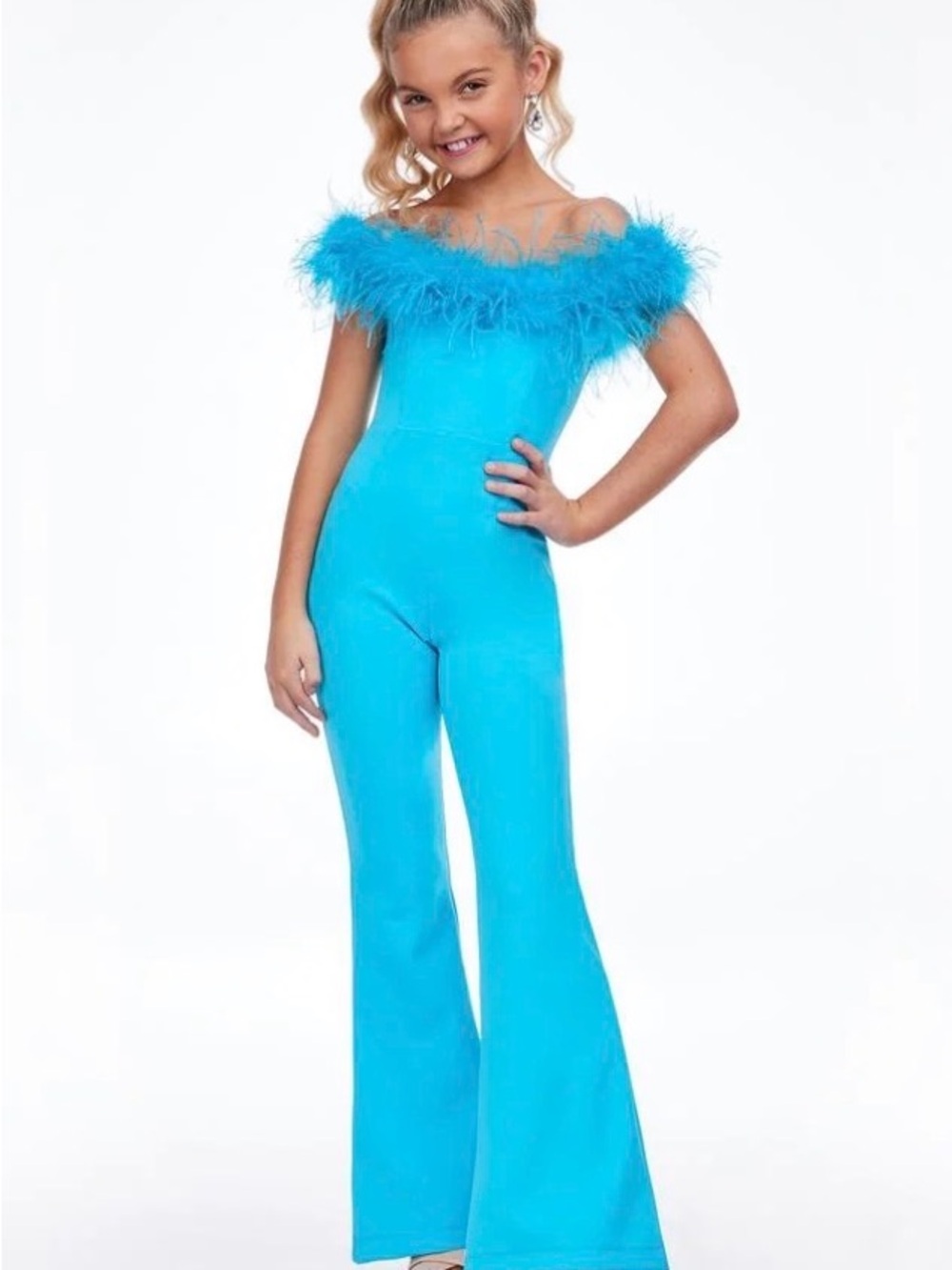 Girls' Turquoise Feather-Trim Off-Shoulder Jumpsuit